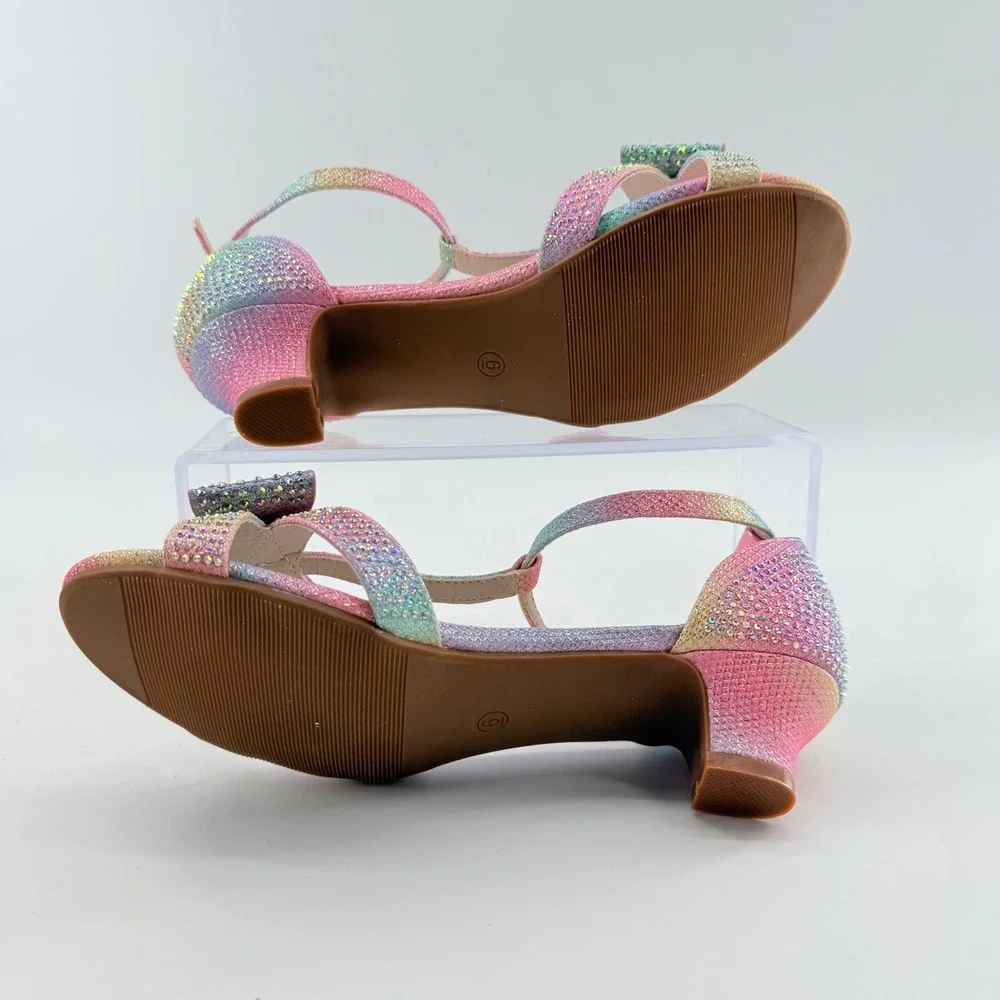Girls 6 T-Strap Dress Sandals Pastel‎ Rainbow Ombre Rhinestone Bow Kitten Heel